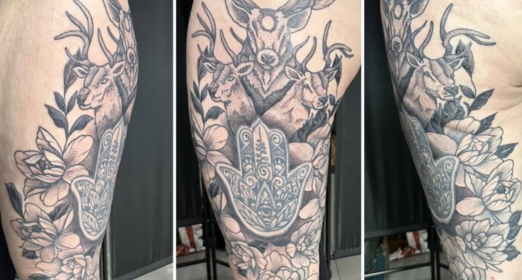 Close-up of fine line tattoo work by Saul